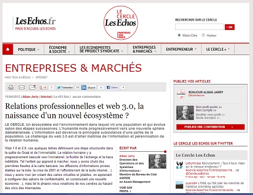 Relations professionnelles et web 3.0, la naissance d’un nouvel écosystème ? - article pour Le Cercle Les Echos