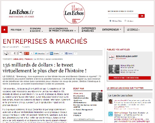 Le Cercle Les Echos _ 136 milliards de dollars le tweet virtuellement le plus cher de l'histoire_par alban jarry