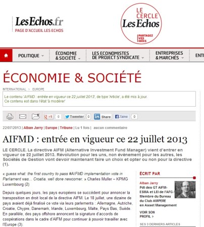 AIFMD : entrée en vigueur ce 22 juillet 2013