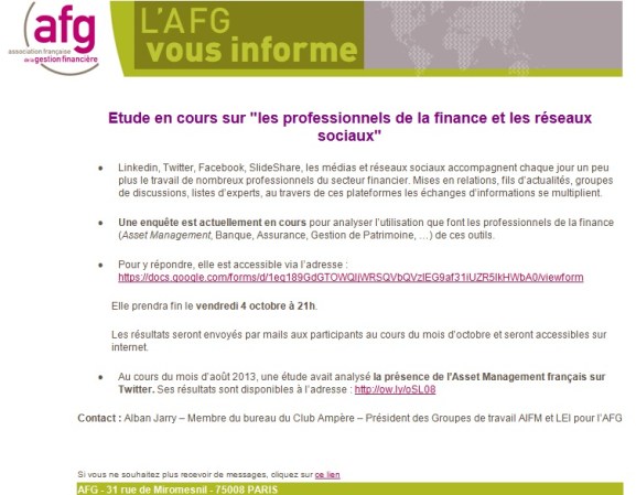 Brève AFG étude sur les professionnels de la finance et les réseaux sociaux (Linkedin, twitter, facebook, slideshare, ...)