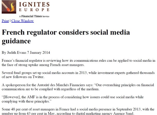 French regulator considers social media guidance (par Judith Evans pour Ignites Europe - Financial Times) - interview Alban Jarry