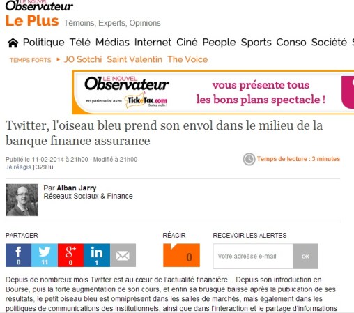 #Twitter, l'oiseau bleu prend son envol dans le milieu de la #banque #finance #assurance (article pour @leplus_obs) par alban jarry